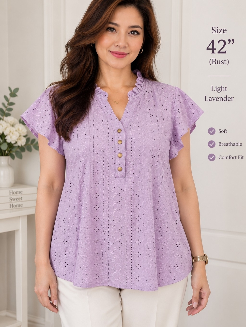 Light Lavender Eyelet Ruffle Sleeve Blouse